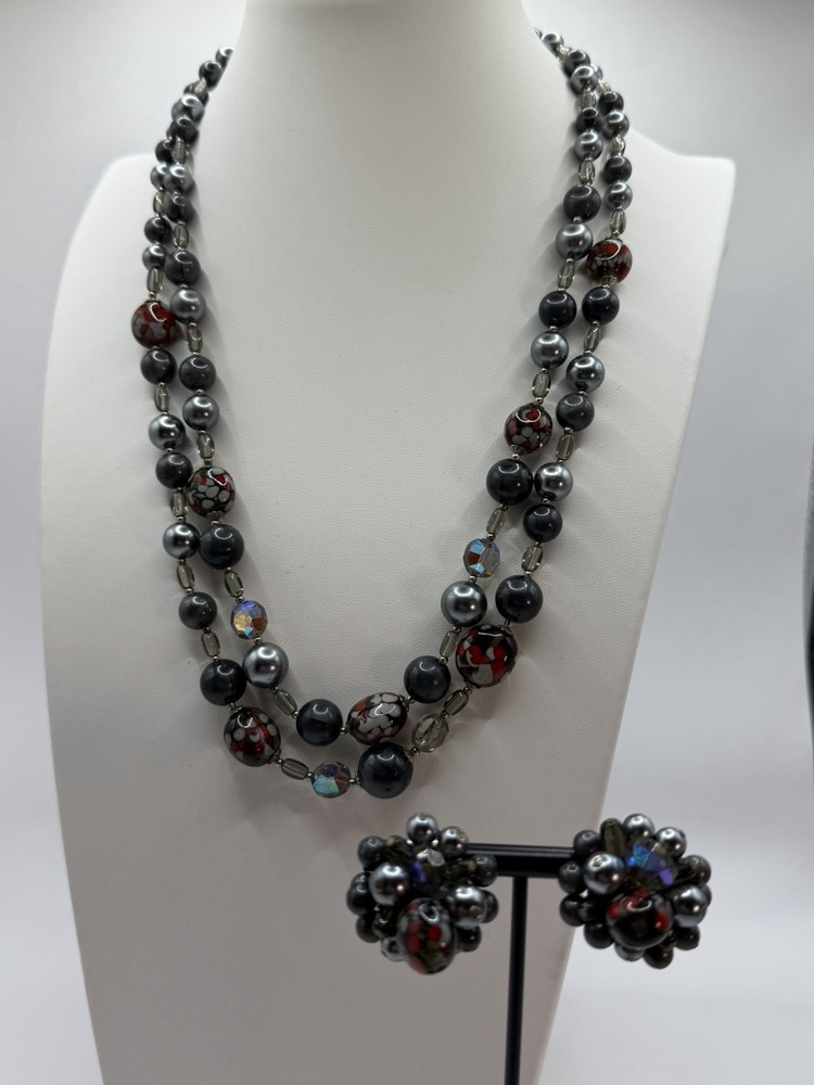 Vintage Art Glass & Faux Pearl Two Strand Necklace & Earrings Gray Black Red AB