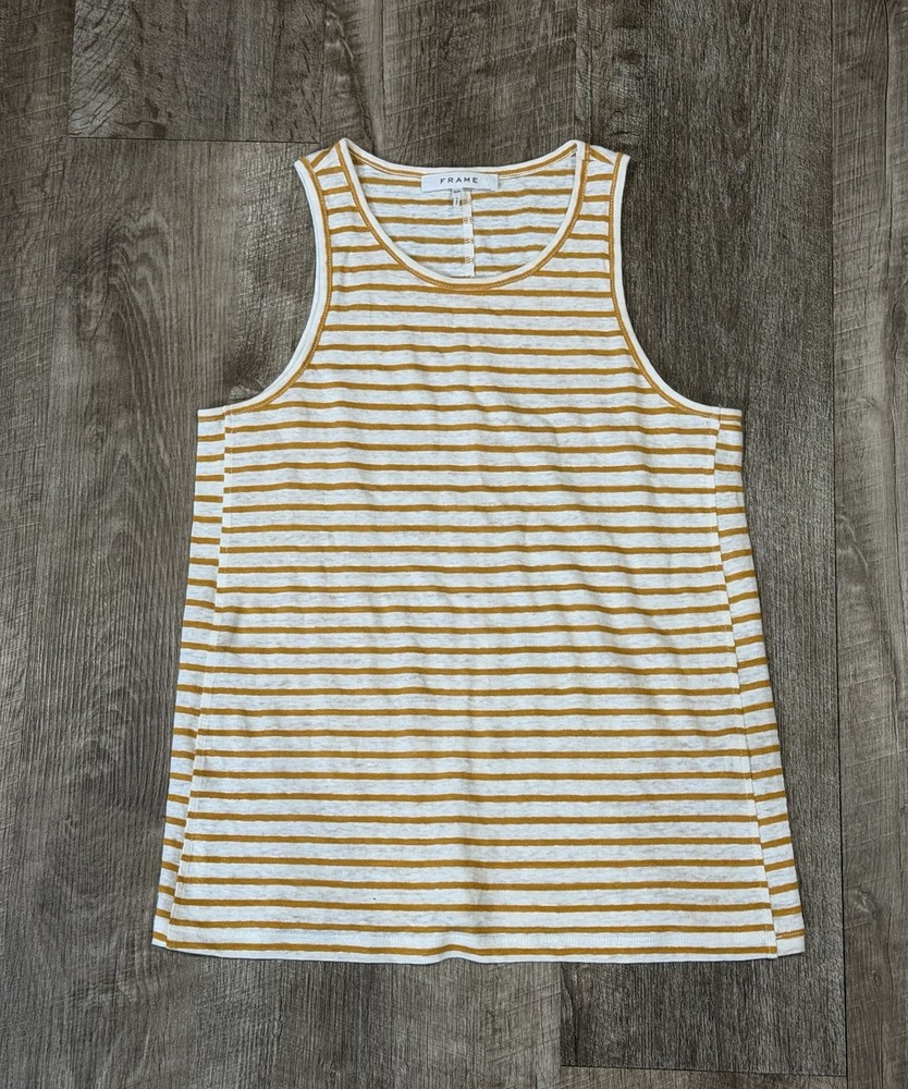 Frame Denim Womens Yellow/White Striped 100% Linen Tank Top Sm
