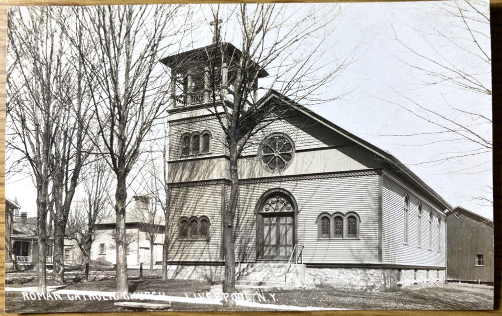 1910s RPPC LIVERPOOL, NEW YORK antique real photo postcard ROMAN CATHOLIC CHURCH