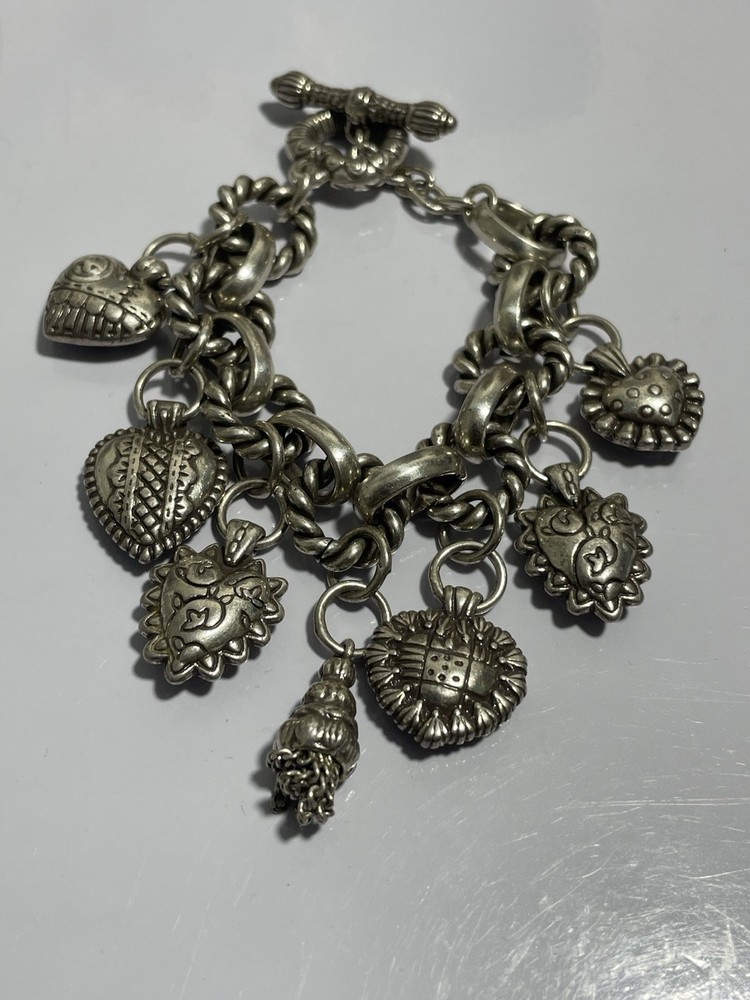 BRIGHTON Retired Vintage Chunky Link Silver Hearts Bracelet w/Toggle