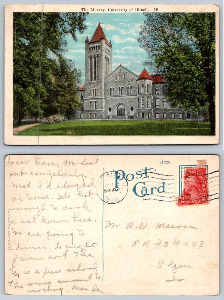 1928 University of Illinois Library Urbana Postcard E.C. Kropp Co. Posted