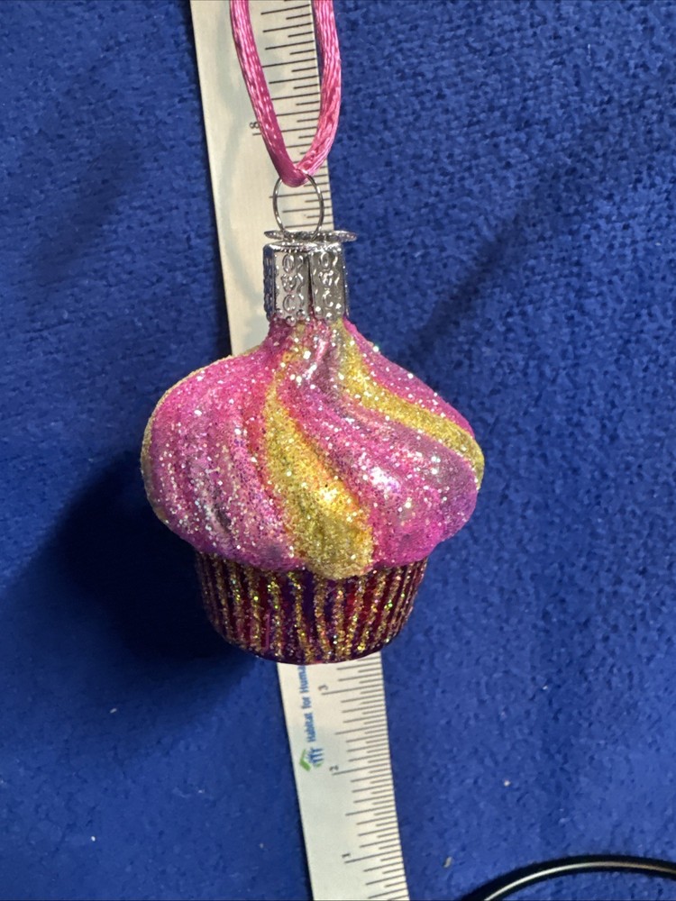 OWC - Old World Christmas CUPCAKE Glass Ornament pink/yellow sparkles