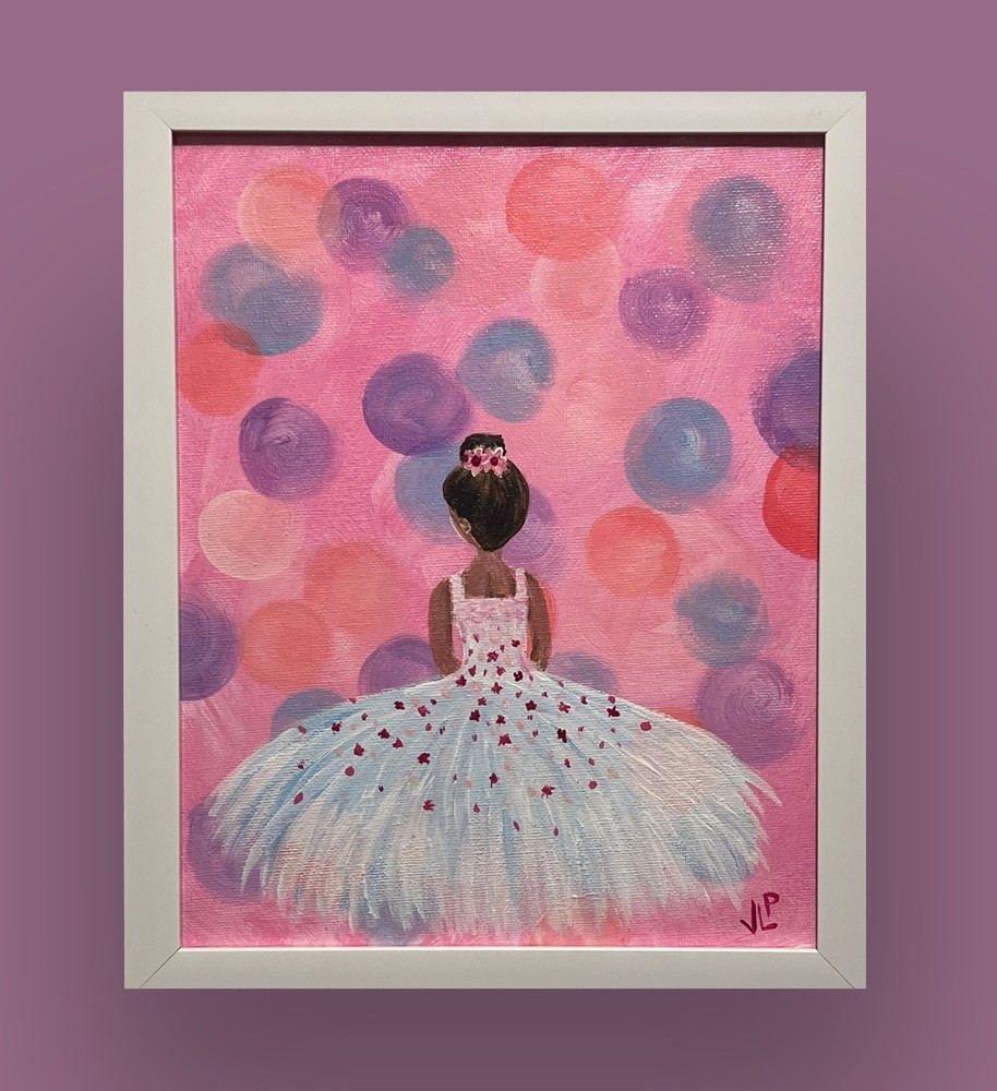 Pretty Pink Girl White Dress Acrylic 8x10” White Frame Wall Art Canvas Original