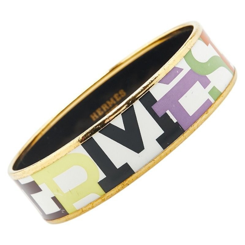 HERMES Enamel GM Logo White Multi Gold Bangle Bracelet Pre-Owned