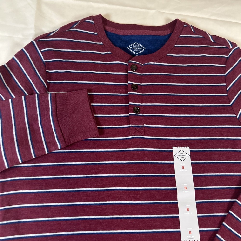 NEW St. Johns Bay Henley Shirt,Mens SZ: S, Burgundy & Blue,Striped Long Sleeve