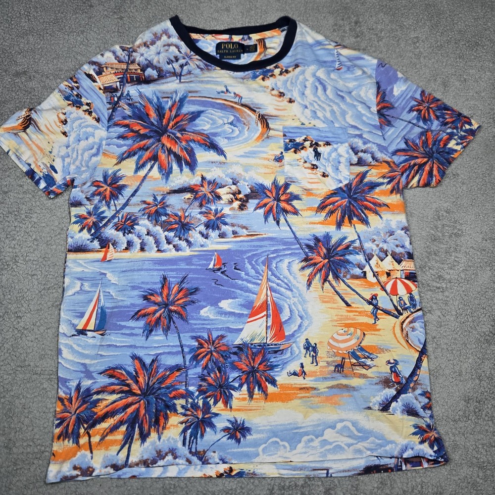 Polo Ralph Lauren Shirt Men's Medium Hawaiian Beach Pocket Graphic Tee AOP