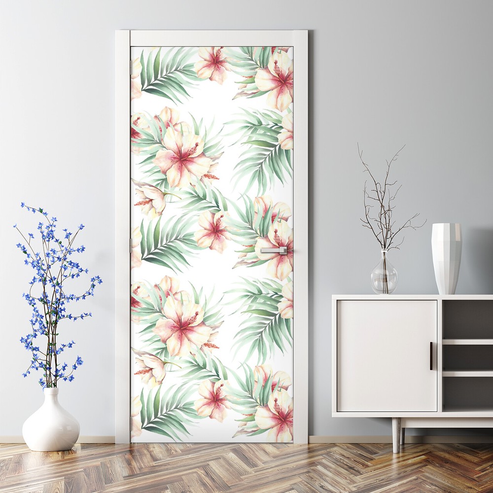 Hawaiian Watercolor Floral Self-Adhesive Bubble-Free Door Decal with Leaves  