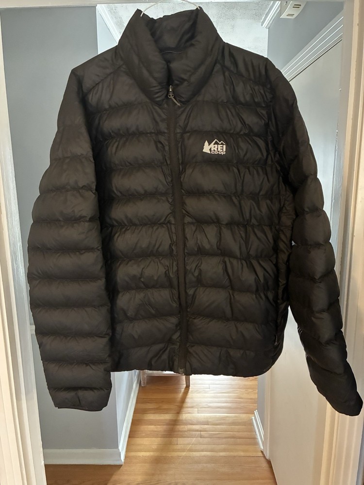 XL REI Co-op Black Quilted Puffer Jacket Men's Full Zip Mid-Length Outdoor Logo
