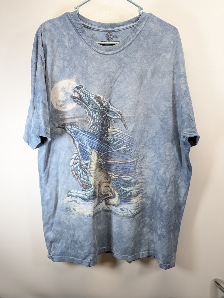 The Mountain T-Shirt Men's Size 2XL Blue Tie Dye Ed Beard Dragon & Wolf Y2k