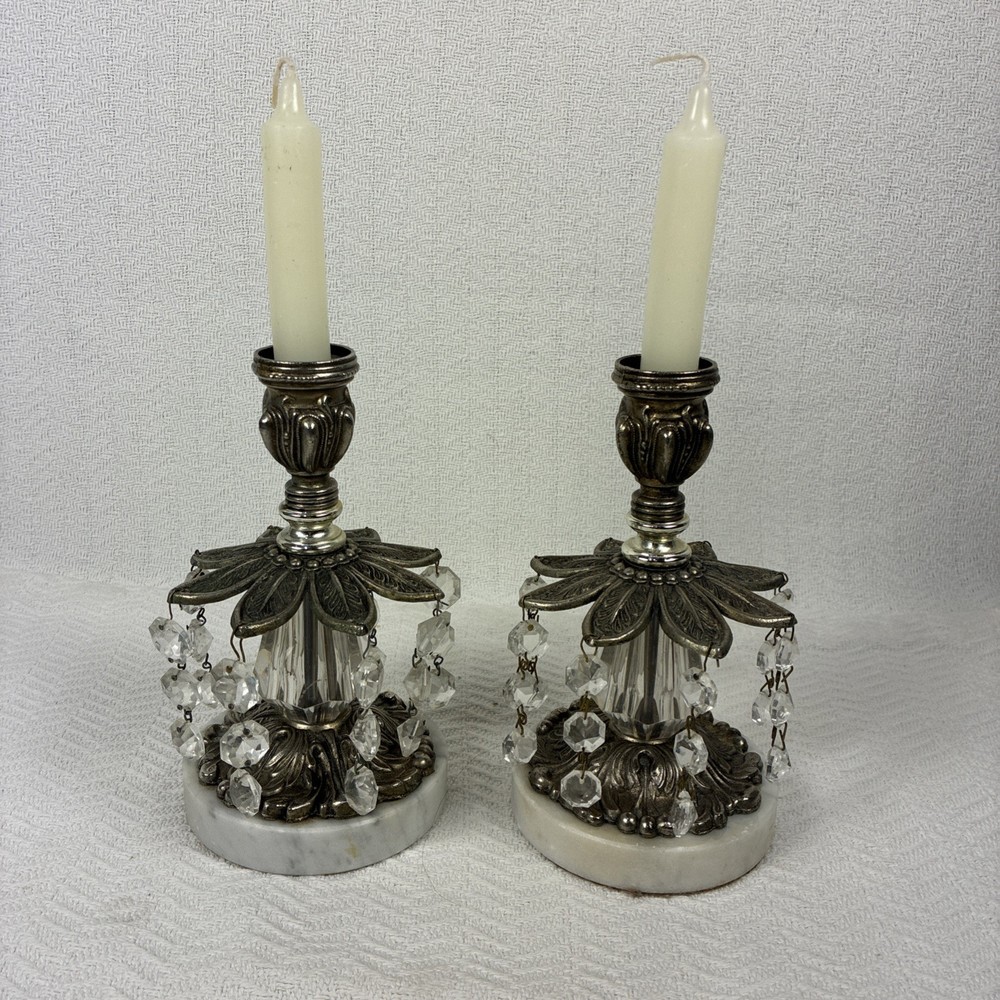 Candlestick Holders Vintage Hollywood Regency Brass Crystal Prism Marble Bases