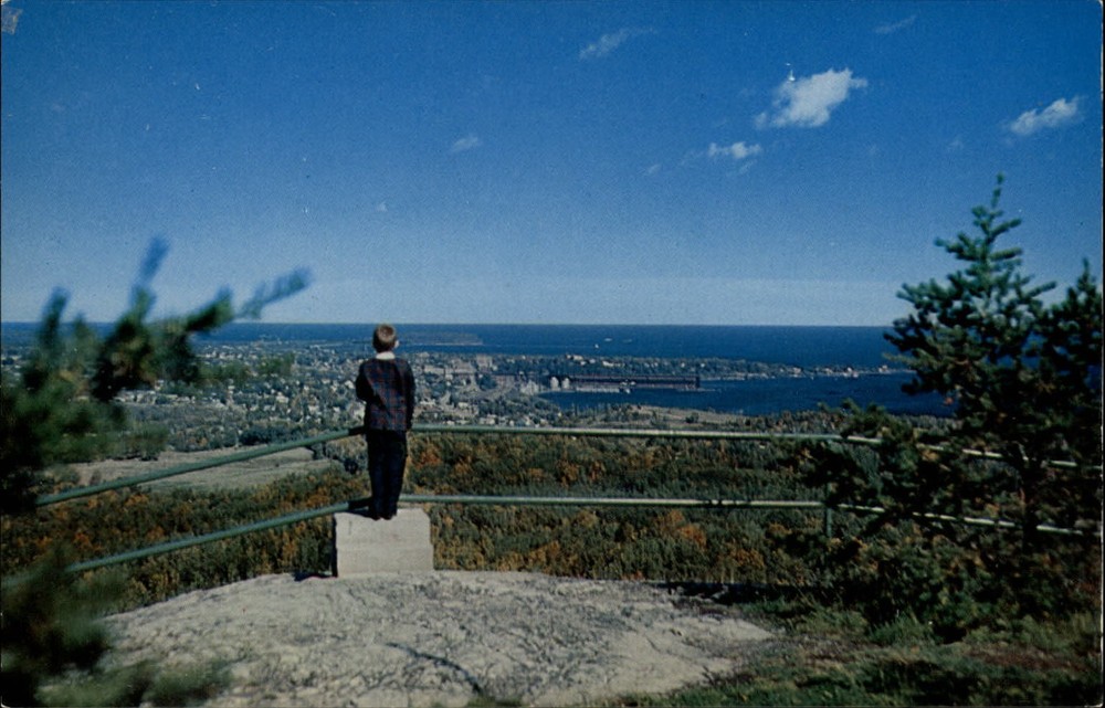 Mount Marquette Michigan Lake Superior aerial view ~ 1950s-60s vintage postcard