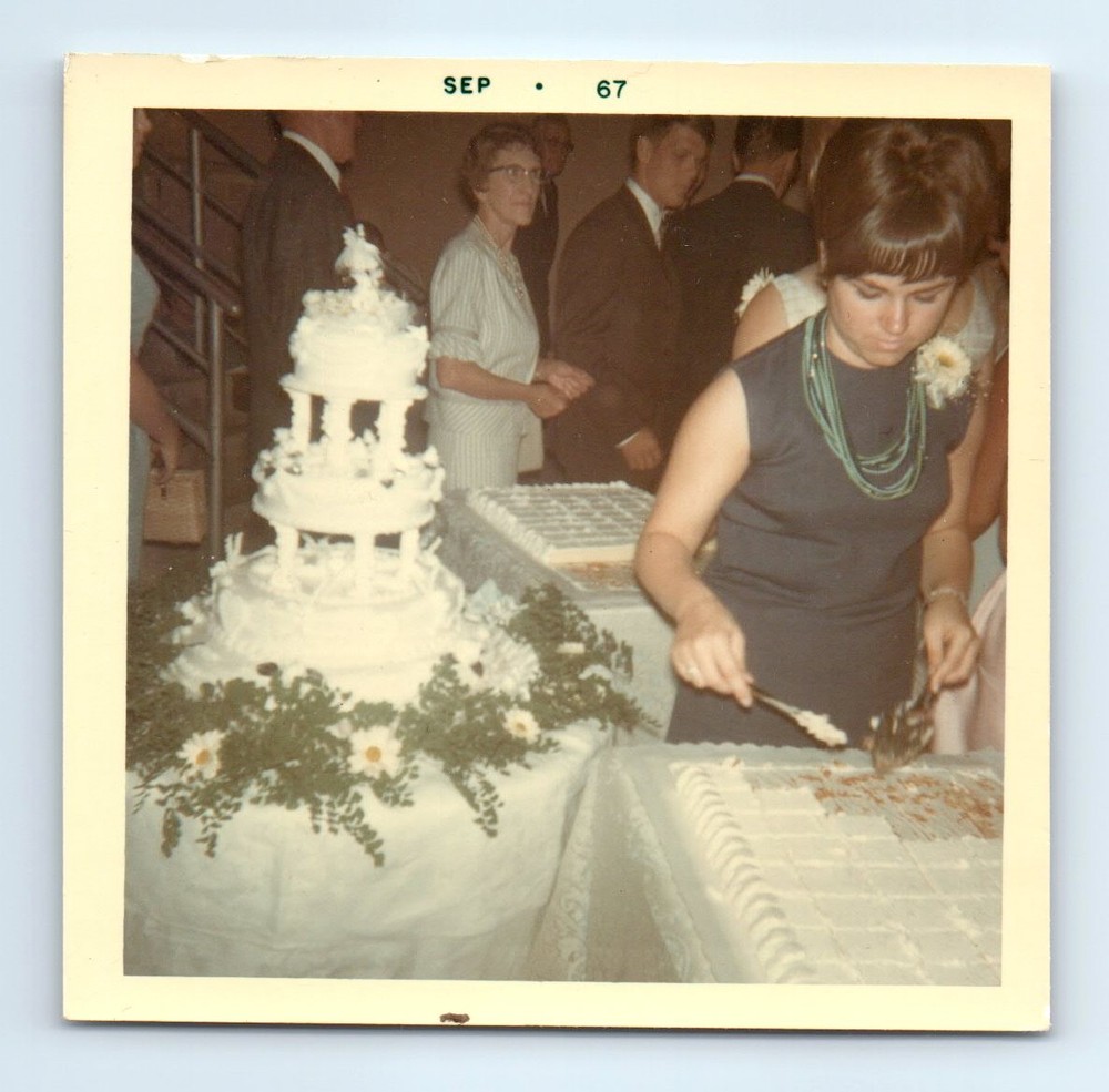 Old Vintage Square Color Photo MEN WOMEN WEDDING CAKE TOPPER RECEPTION 1967