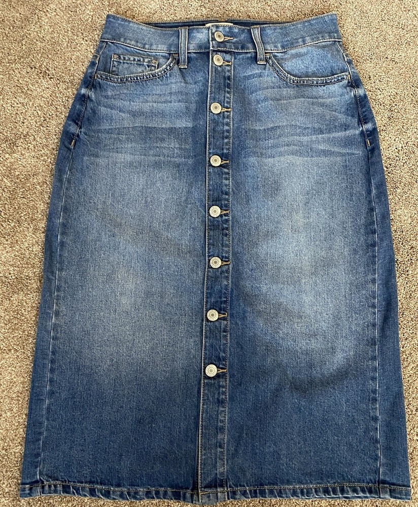 SO Midi Denim Blue Jean Skirt Button Front Size  9 Medium Wash Slit Stretch