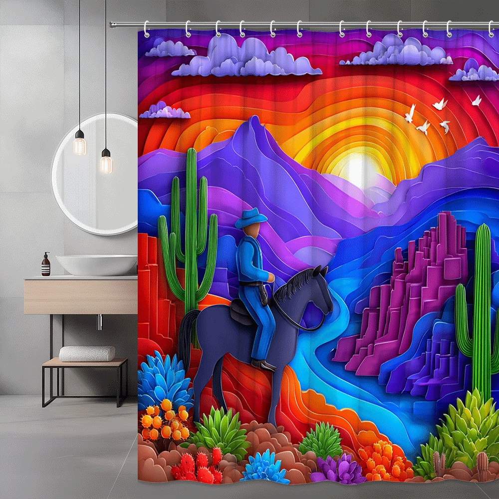 Western Desert Sunset Shower Curtain Cowboy Horse Cactus Art
