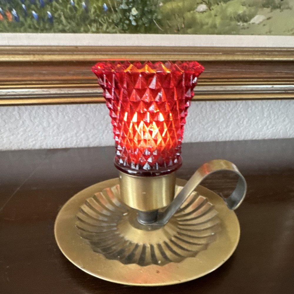 Vintage Faux Brass Chamberstick Candle Holder Red Glass Diamond Pattern Votive