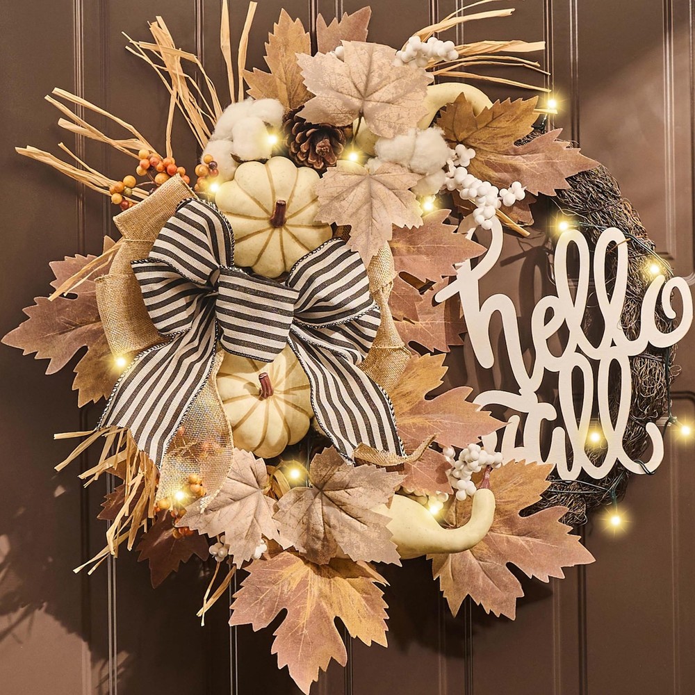 22 Inch Collapsible Neutral Fall Wreath for Front Door Decor
