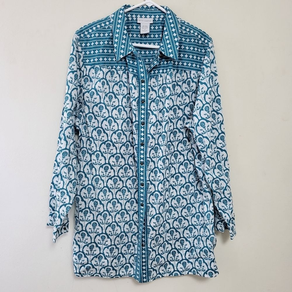 Soft Surroundings Tunic Top Floral Teal White Mosaic Button Front 3X plus size