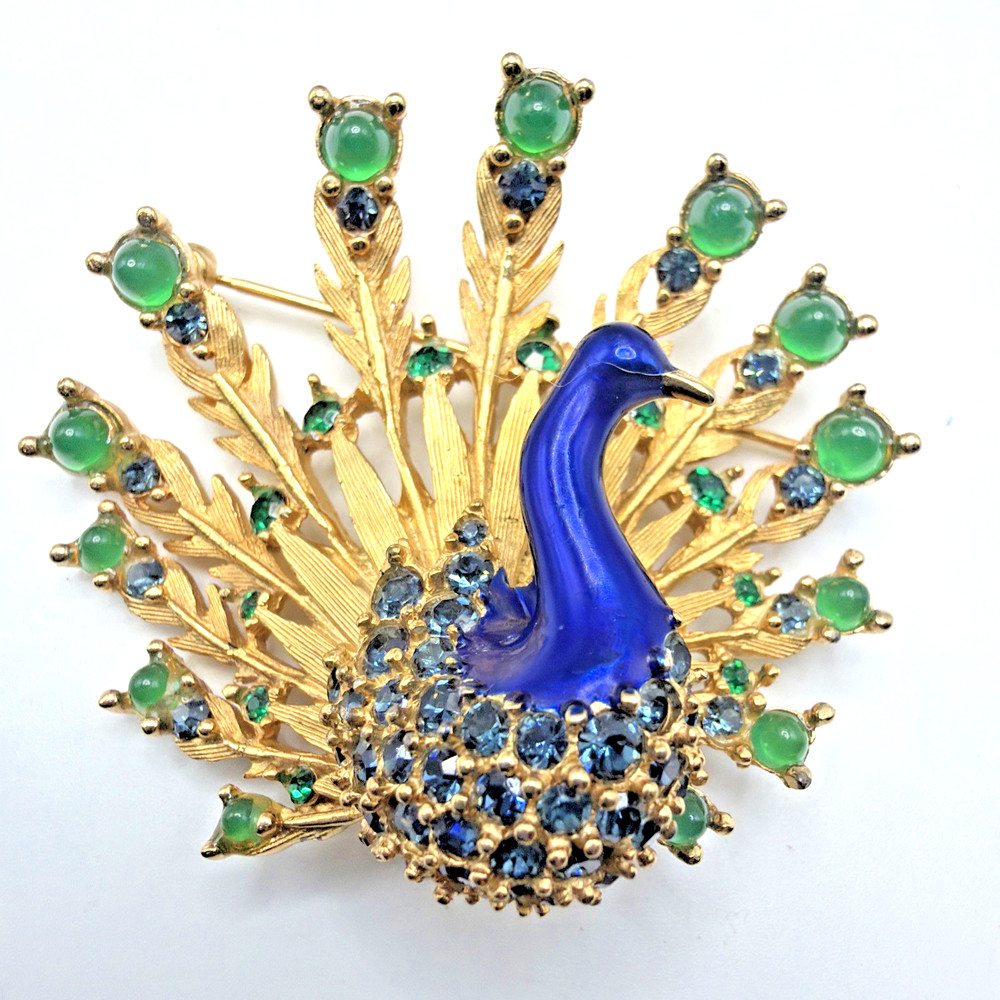 Vintage Marcel Boucher Peacock Brooch Blue Enamel Sapphire Rhinestones Green Cab