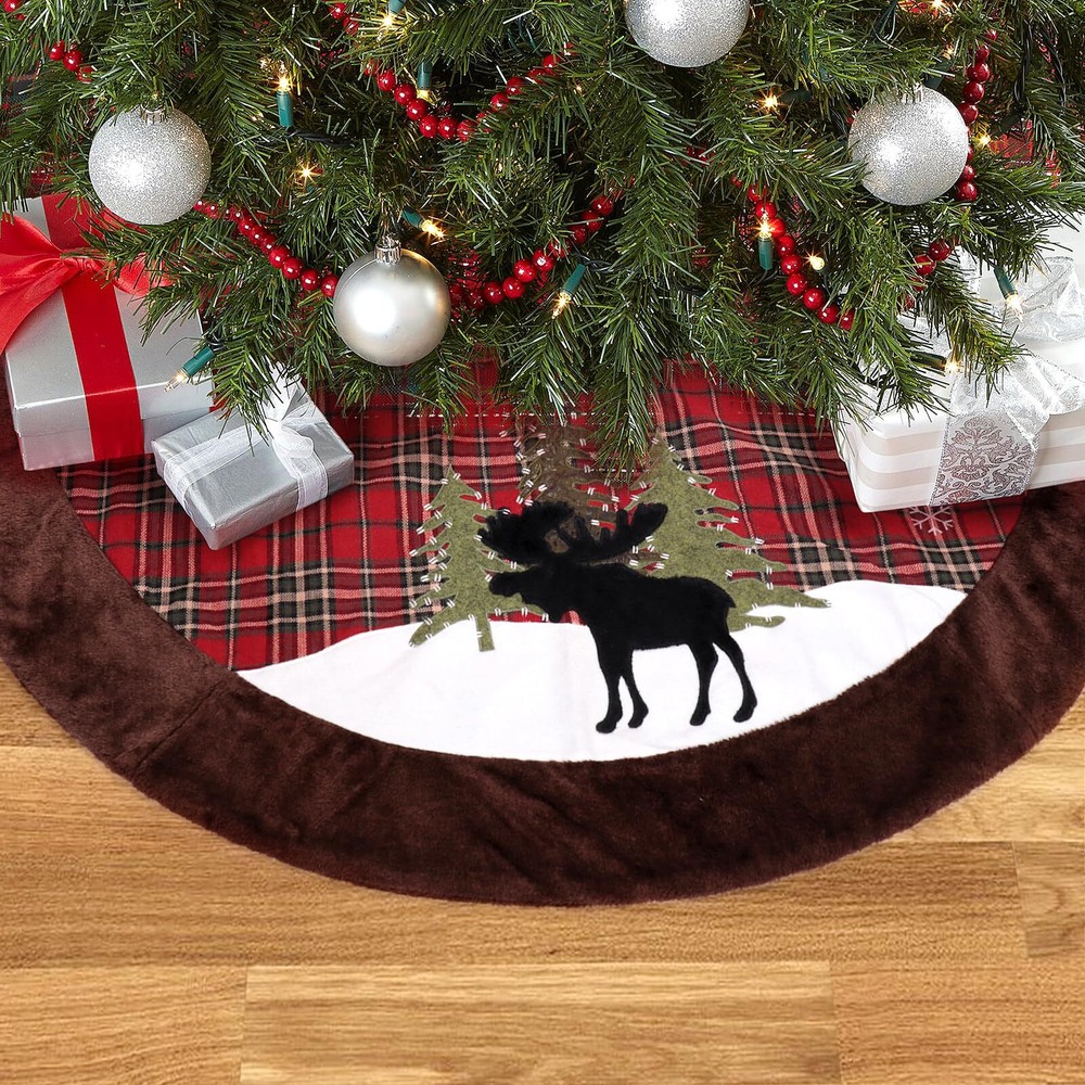 Christmas Tree Skirt, 32 Inches Plaid Tree Skirt with Reindeer, Borwn Faux Fu...