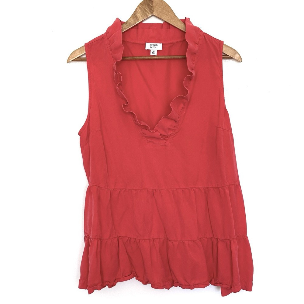 Crown & Ivy Shirt Women’s XL Red Lyocell Ruffle V Neck Sleeveless Top