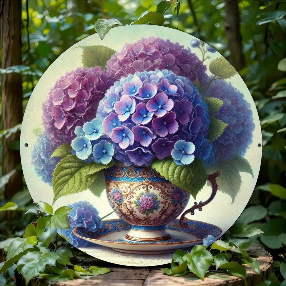 Round Hydrangea Aluminum Wall Art Plate Waterproof Rustproof