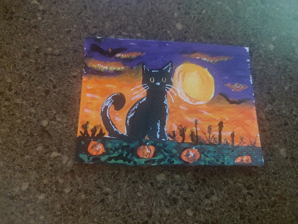 Aceo Original Painting Halloween Cat