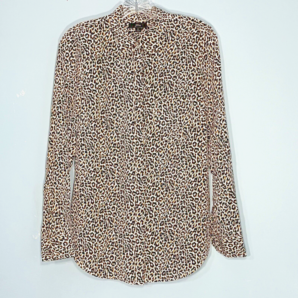J Crew Silk Leopard Button Top Bouse Womens 8 Animal Print Classic Career