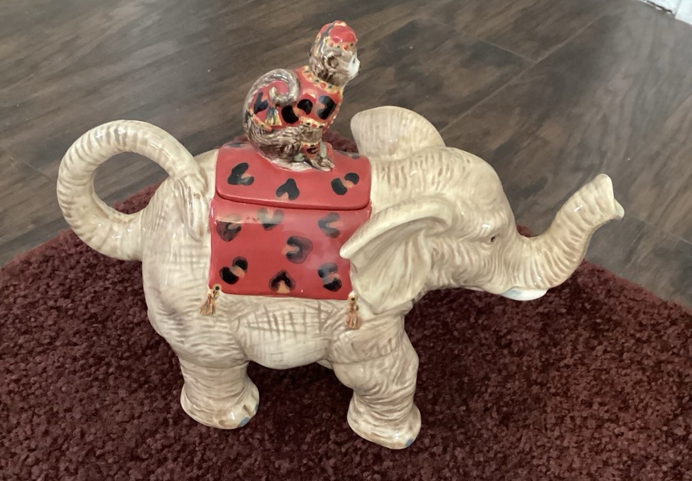 Teapot Vintage Ceramic Elephant With Monkey Clay Art