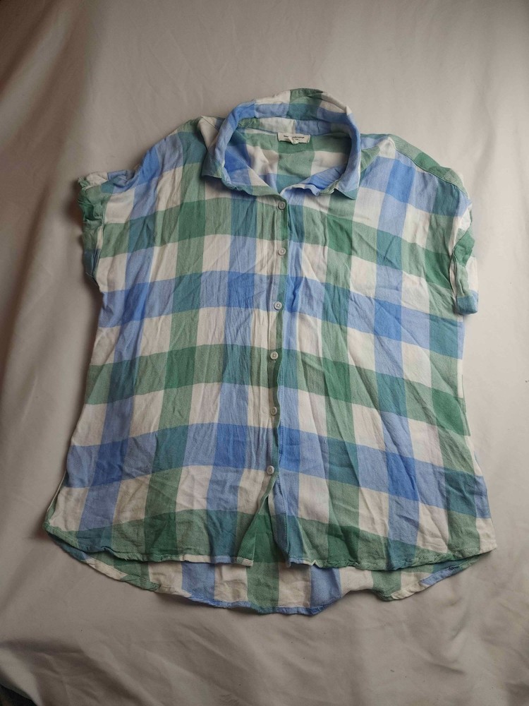 Beachlunchlounge Button Down Shirt Womens Size XL Blue Green Plaid Short Sleeve