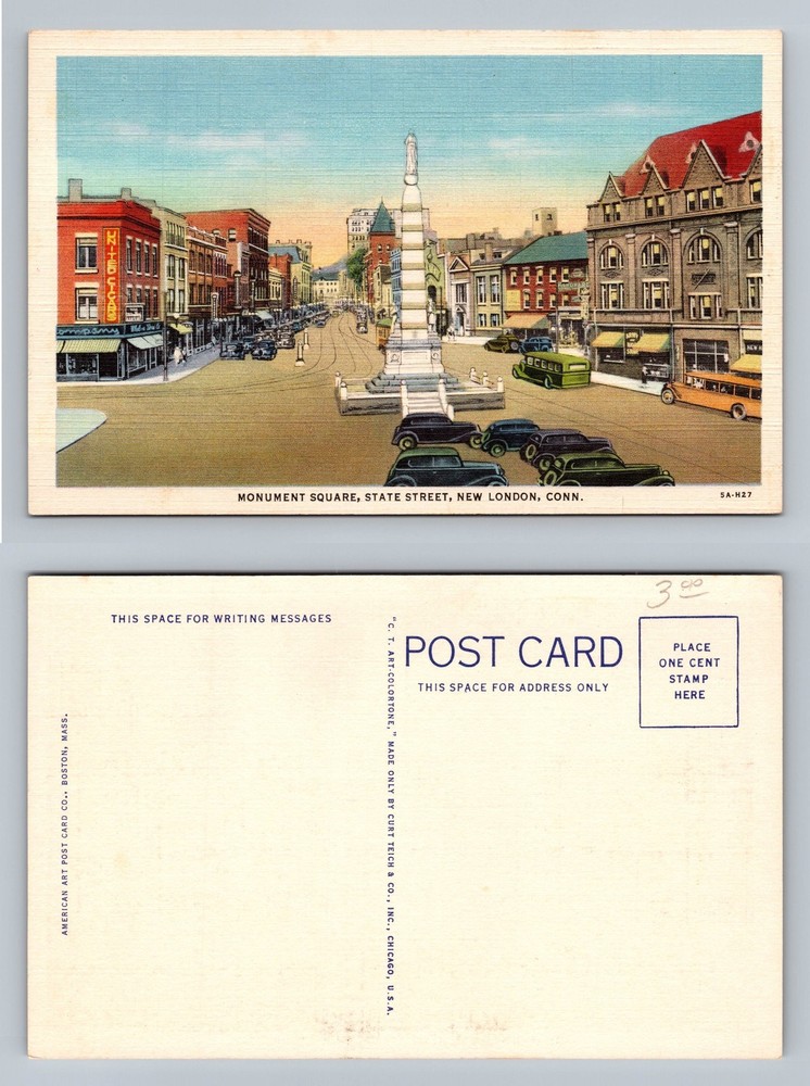 New London, CT-Connecticut, Monument Square Street View Vintage Postcard