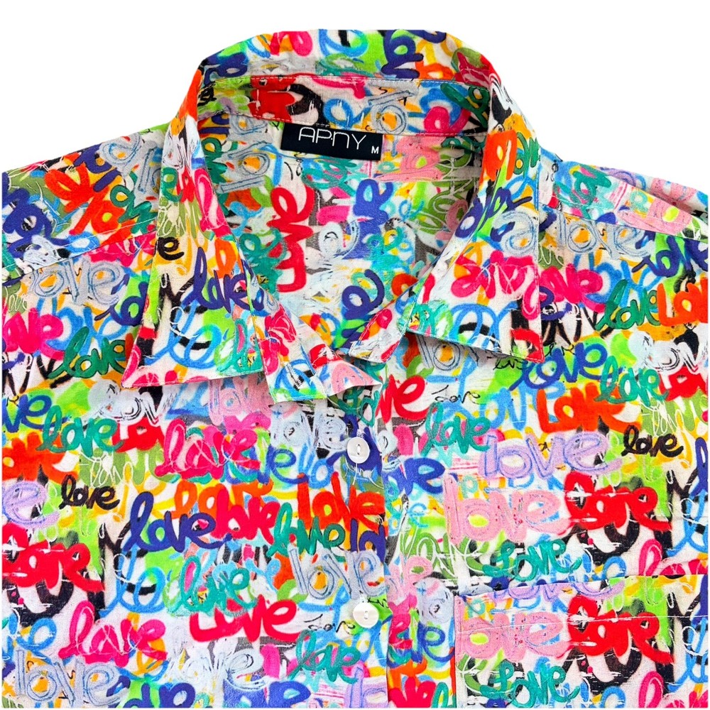 AP•NY Top Womens SZ M Abstract “LOVE” Graphic Print Button Up Art To Wear Color-image