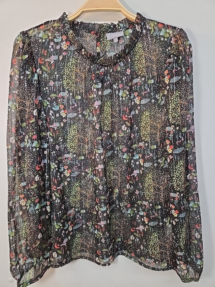 Oliver Bonas Sheer Green Floral Boho Metallic Blouse Size 12 Ruffle Neck