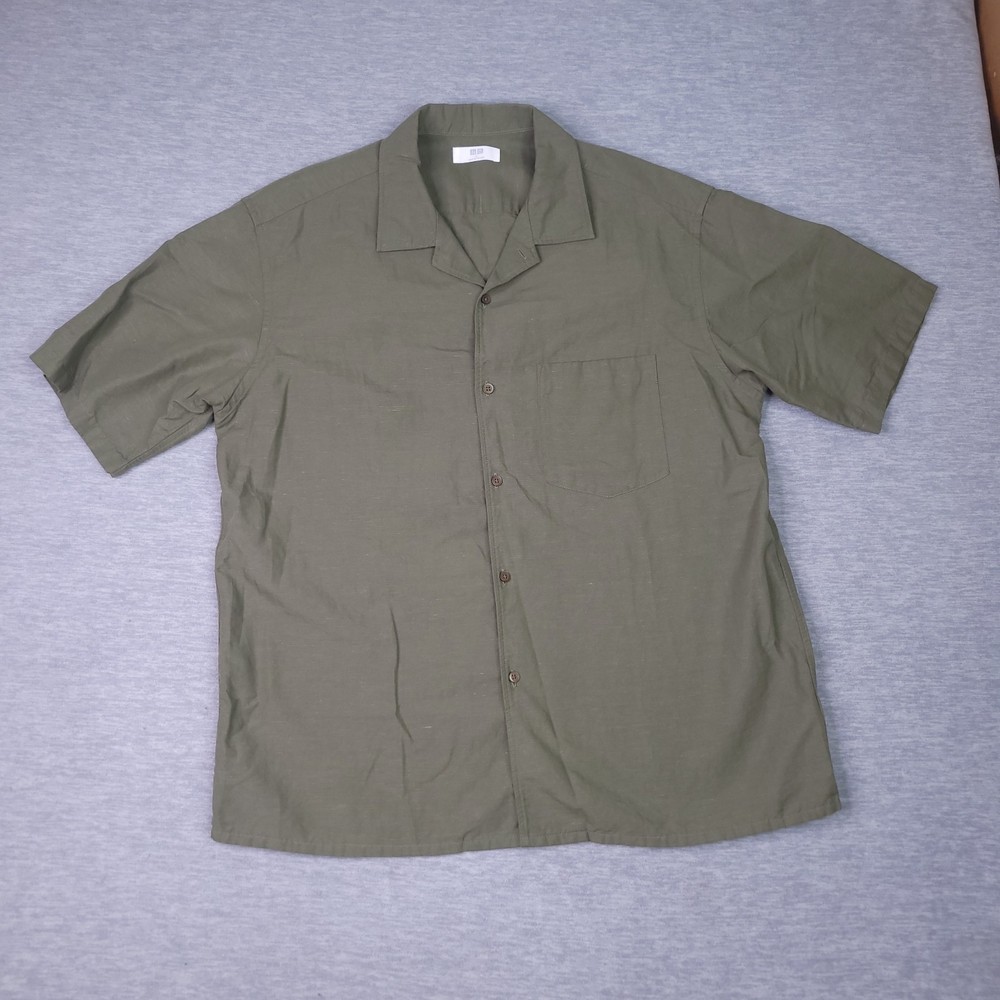 Uniqlo Linen Blend Camp Shirt Mens Large Green Cotton Relaxed Fit