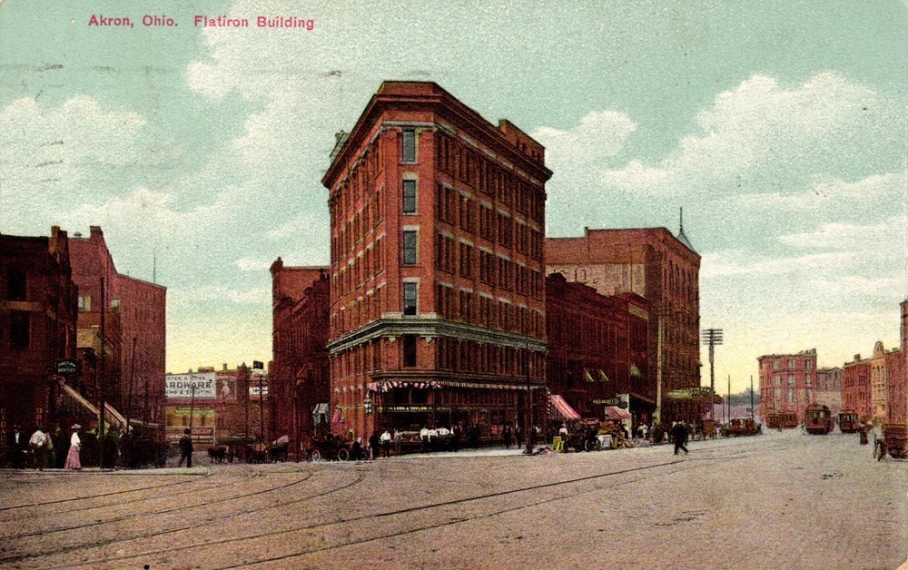 Postcard flat iron building Akron Ohio