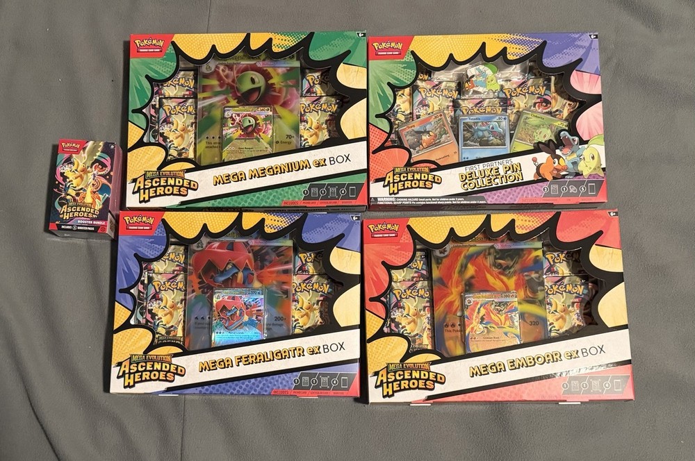 Pokémon Ascended Heroes Mega Evolution Booster Box Pin Collection and 3 EX Boxes