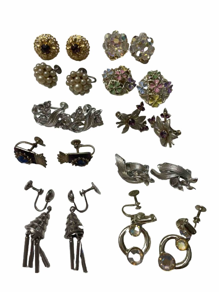 Vintage Rhinestone Enamel Floral Pearl Clip On Earrings Jewelry Lot
