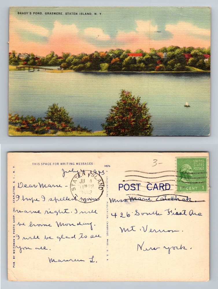 Staten Island, NY-New York, Brady’s Pond Grasmere Scenic Lake Vintage Postcard