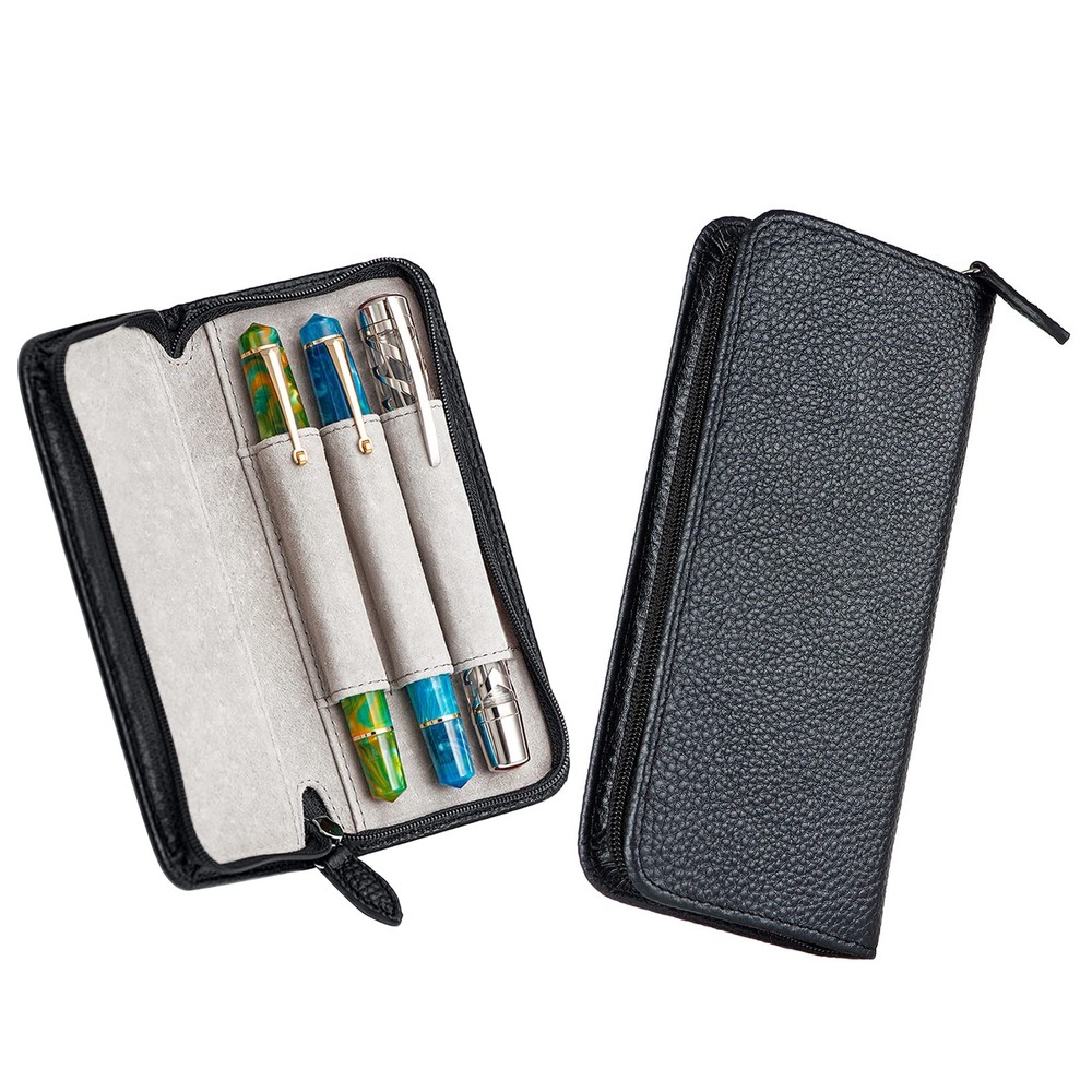 Genuine Leather Fountain Pen Case 3 Divided Slots Black Color, Zippered Pen C...