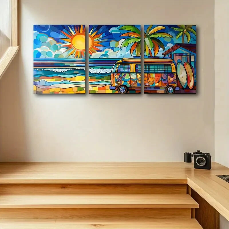 3pcs Colorful Surf Van & Palm Trees Design Metal Print Ready to Hang Art
