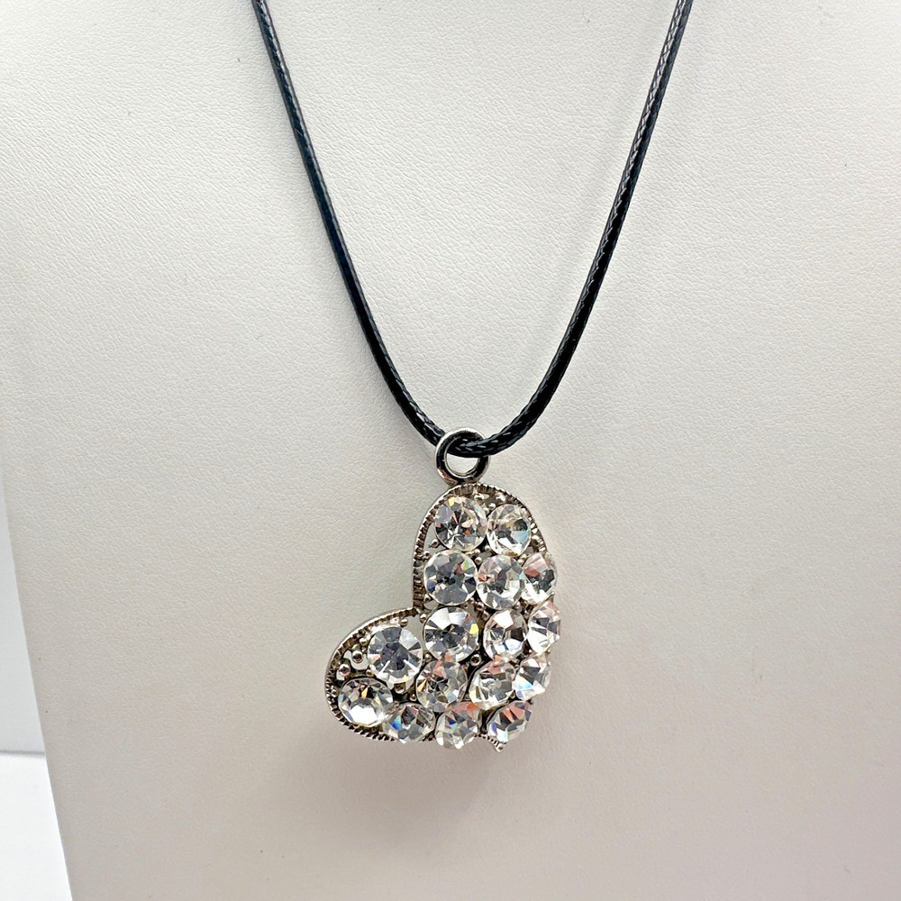 Vintage 90s Silver Tone Rhinestone Heart Pendant Necklace Black Cord Jewelry