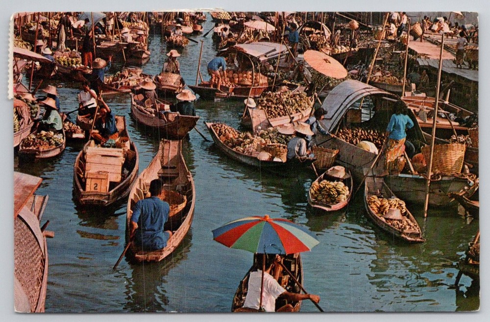 Vintage Floating Market Bangkok Thailand Postcard - Chrome Posted 1960s