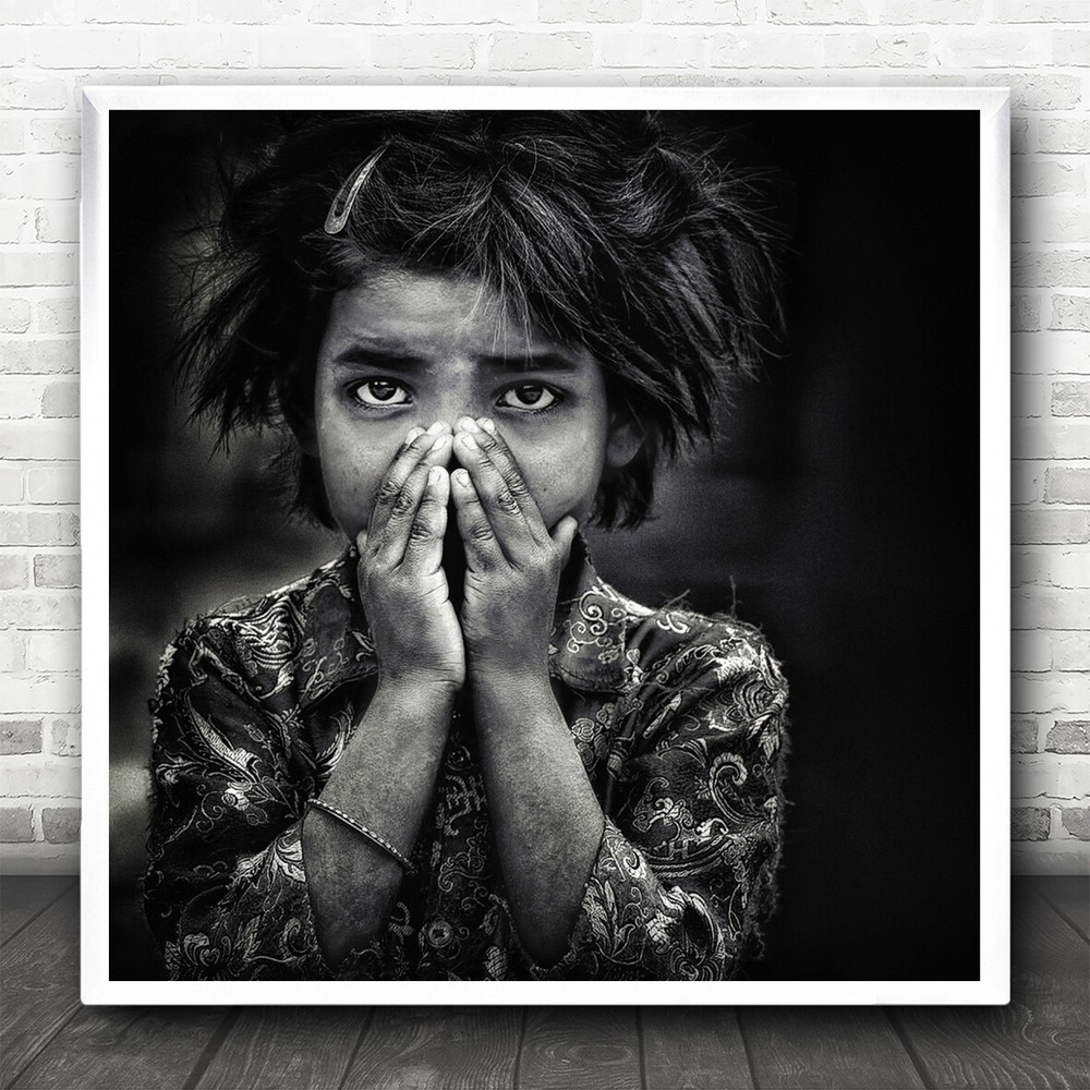 Portrait Little Girl Hands Covered Face Eyes Street Nepal Wall Art Print