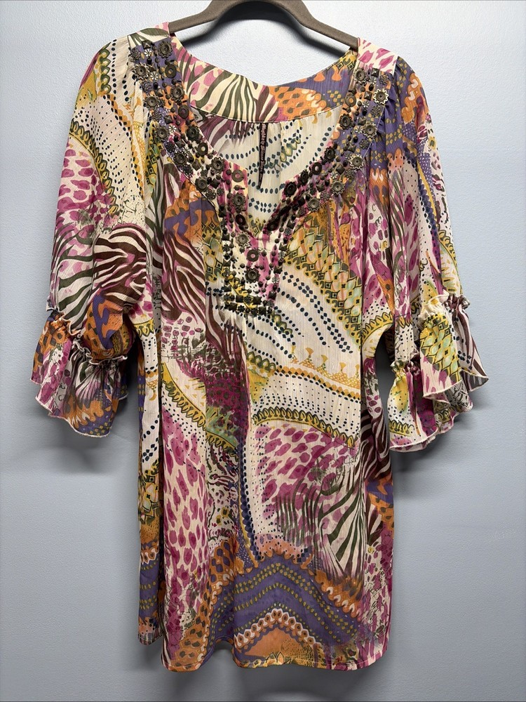 Mushka By Sienna Rose - Multicolor Sheer Short Sleeve Beaded Tunic Top Size XL