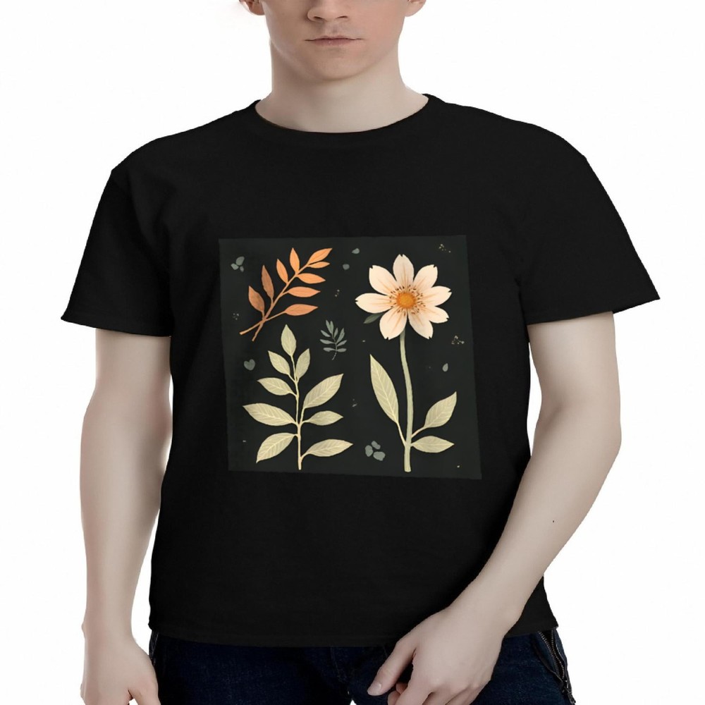 Men's Cotton Short Sleeve T-Shirt with Minimalist Floral Design - Stylish Black
