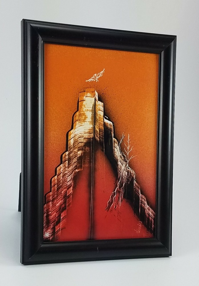 Painting of a Mountainside with Bird and Tree by Girard comes with a frame.