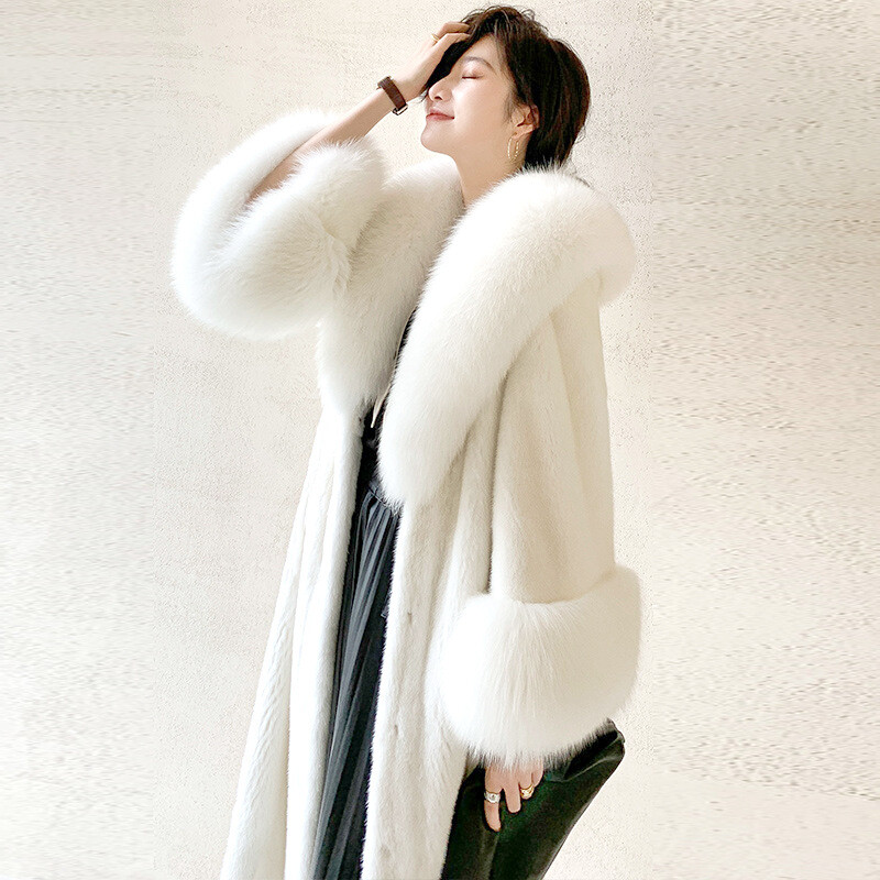 Fox Collar Mink Fur Coat Women Natural Long Winter Warm Overcoat