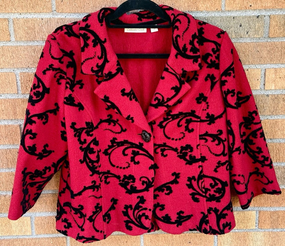 Coldwater Creek Red Wool Blazer Jacket Black Velvet Scroll Women’s Size M 10-12