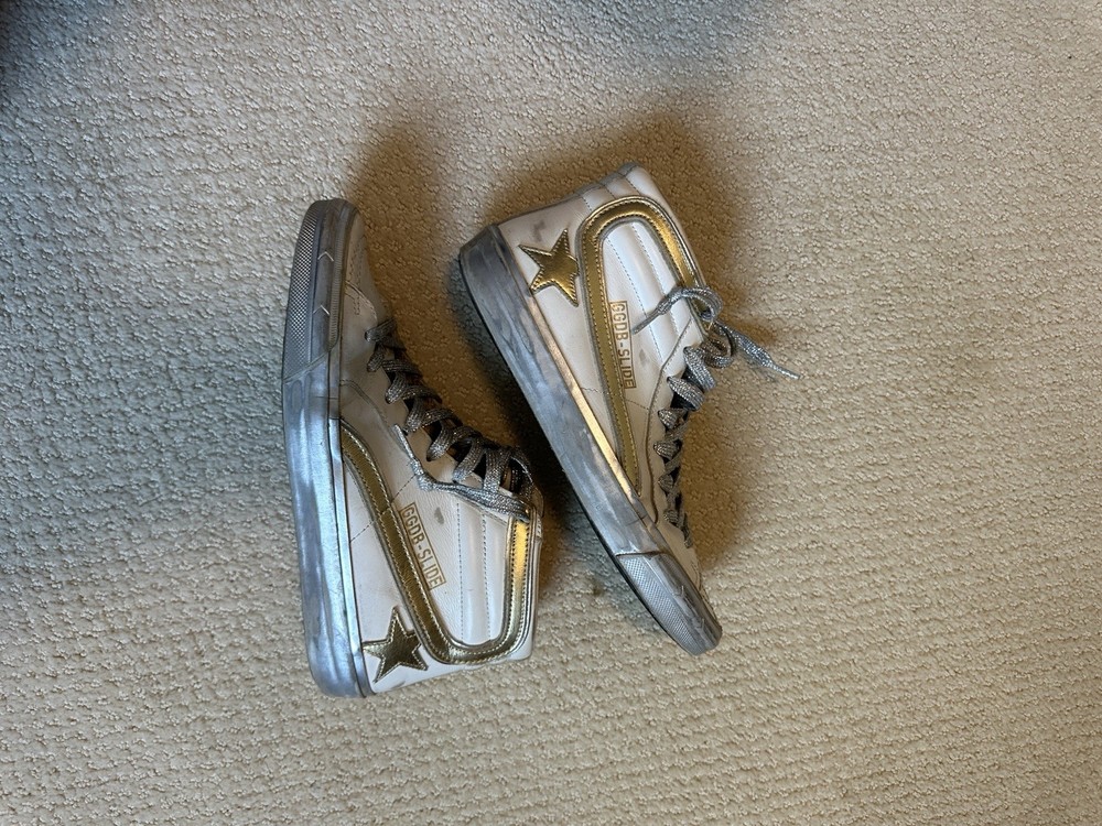 Golden Goose White and Gold Slide Sneakers Size 38