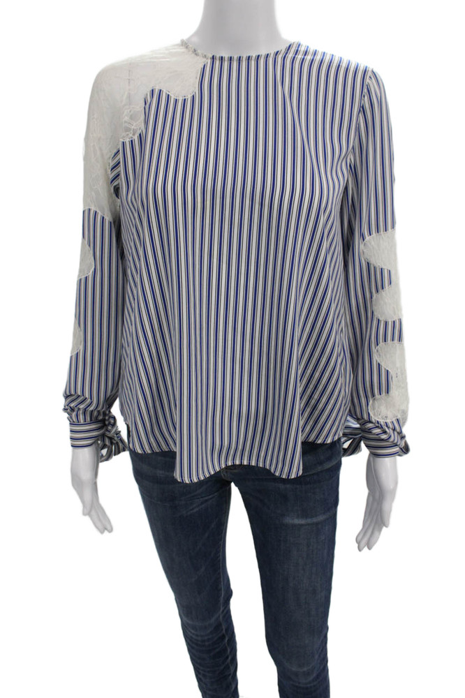 Robert Rodriguez Women Blue Striped Round Neck Long Sleeve Blouse Size SFree Shipping in US $100+ Orders | $6.95 Orders Below