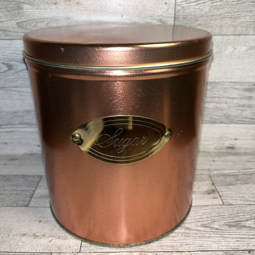 Vtg Copper Colored Metal Sugar Canister W/Gold Tone Metal Label Approx 6.5” X 6”